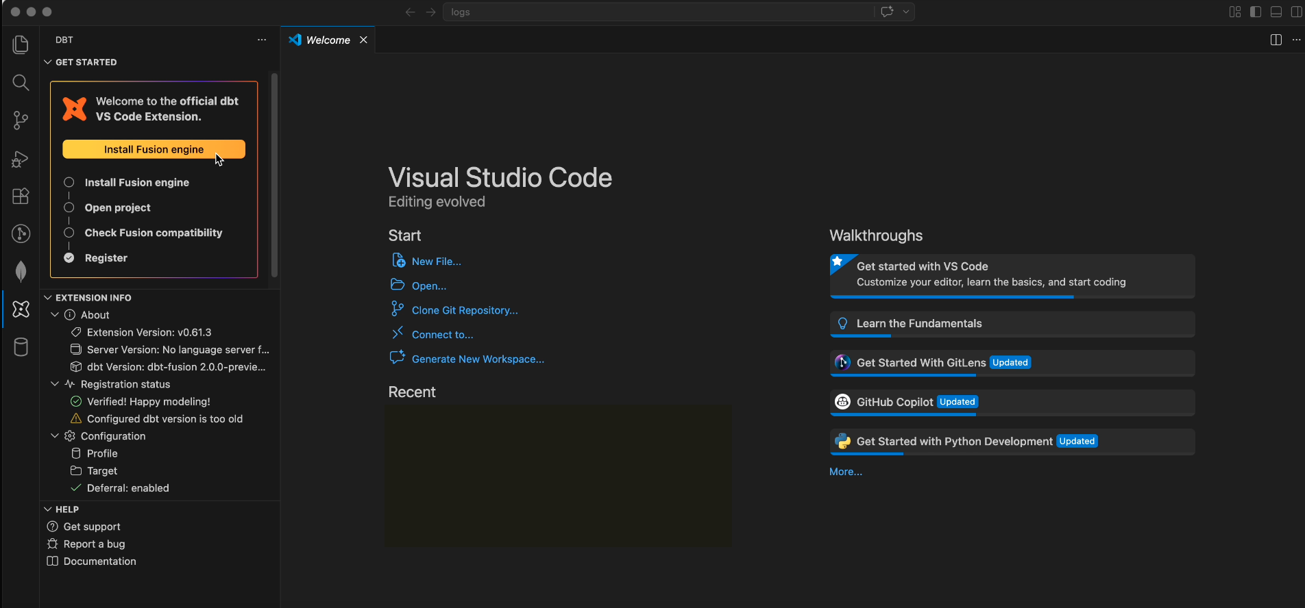 The Get started panel in VS Code showing the four setup steps, with the active step highlighted as an orange CTA button.